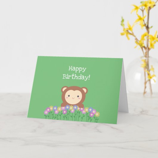 Cute Monkey en Flowers Sage Green Happy Birthday Kaart (Gele Bloem)