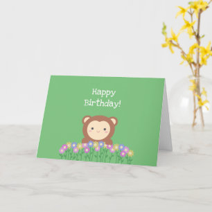 Cute Monkey en Flowers Sage Green Happy Birthday Kaart