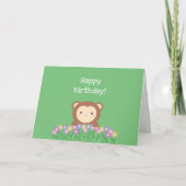 Cute Monkey en Flowers Sage Green Happy Birthday Kaart (Voorkant)