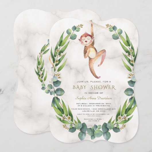 Cute Monkey Eucalyptus Krans Baby Shower Kaart (Voorkant / Achterkant)