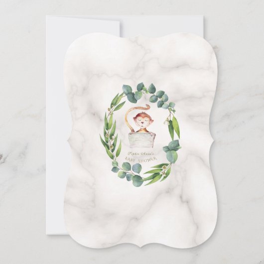 Cute Monkey Eucalyptus Krans Baby Shower Kaart (Achterkant)