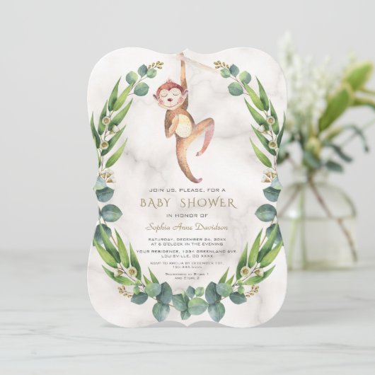 Cute Monkey Eucalyptus Krans Baby Shower Kaart (Staand voorkant)