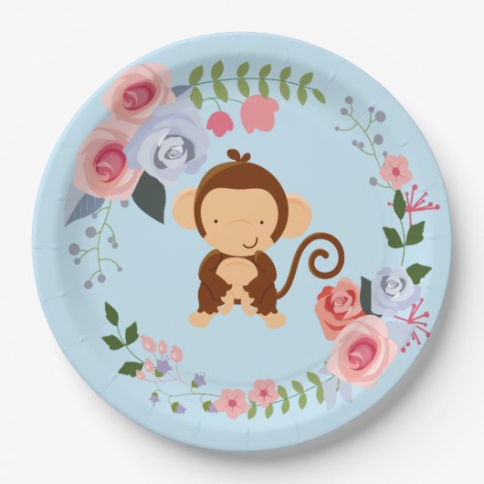 Cute Monkey Floral Baby shower Papieren Bordje (Voorkant)