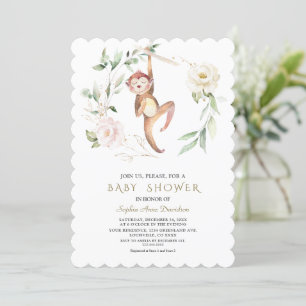 Cute Monkey Floral Greenery Gold Baby shower Kaart