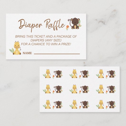 Cute Monkey Giraffe Diaper Raffle Baby shower Game Informatiekaartje (Voorkant / Achterkant)