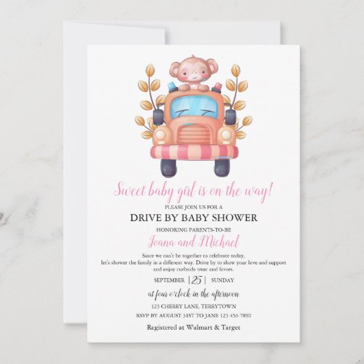 Cute Monkey Girl Baby Shower Drive Through    Kaart (Voorkant)