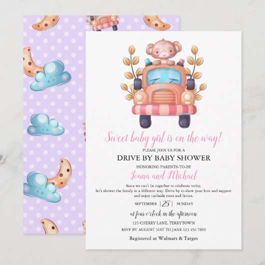 Cute Monkey Girl Baby Shower Drive Through    Kaart (Voorkant / Achterkant)