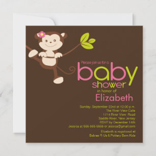 Cute Monkey Girl Baby shower Invitation Kaart