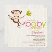 Cute Monkey Girl Baby shower Invitation Kaart (Voorkant / Achterkant)