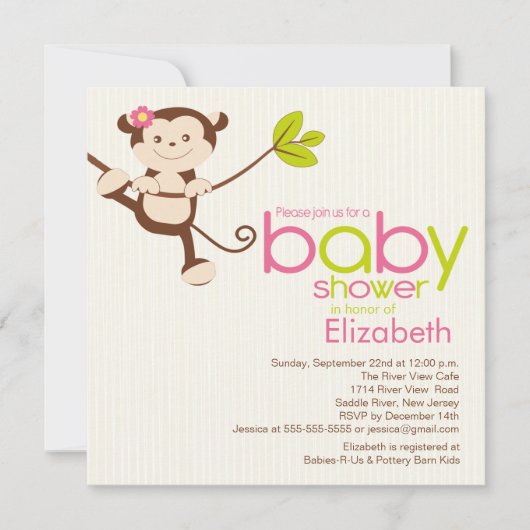 Cute Monkey Girl Baby shower Invitation Kaart (Voorkant)
