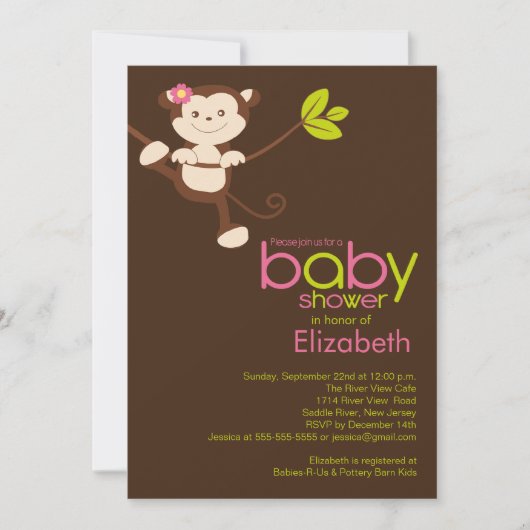 Cute Monkey Girl Baby shower Invitation Kaart (Voorkant)