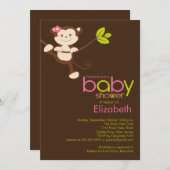 Cute Monkey Girl Baby shower Invitation Kaart (Voorkant / Achterkant)