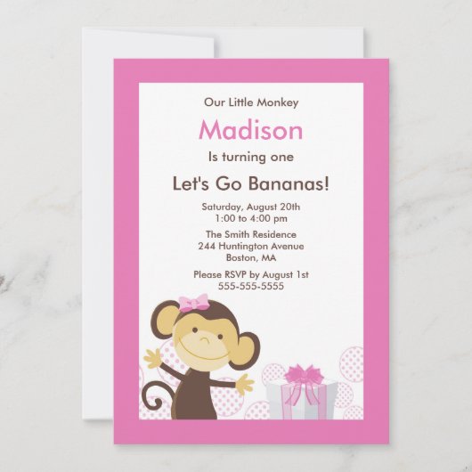 Cute Monkey Girl Birthday Invitation Kaart (Voorkant)