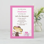 Cute Monkey Girl Birthday Invitation Kaart (Staand voorkant)