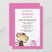 Cute Monkey Girl Birthday Invitation Kaart (Voorkant / Achterkant)