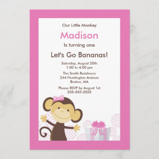 Cute Monkey Girl Birthday Invitation Kaart