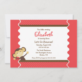 Cute Monkey Girl Birthday Invitation Kaart