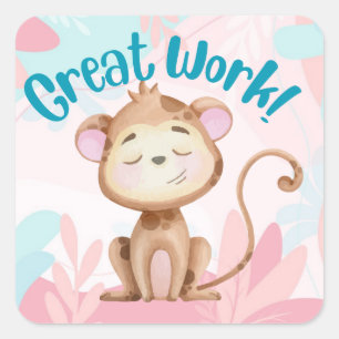 Cute Monkey Great Work Teacher Student Reward Vierkante Sticker
