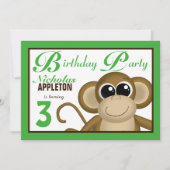 Cute Monkey Green Birthday Party Invitations Kaart (Voorkant)