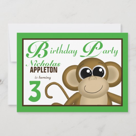 Cute Monkey Green Birthday Party Invitations Kaart (Voorkant)