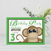 Cute Monkey Green Birthday Party Invitations Kaart (Staand voorkant)