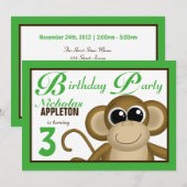 Cute Monkey Green Birthday Party Invitations Kaart (Voorkant / Achterkant)