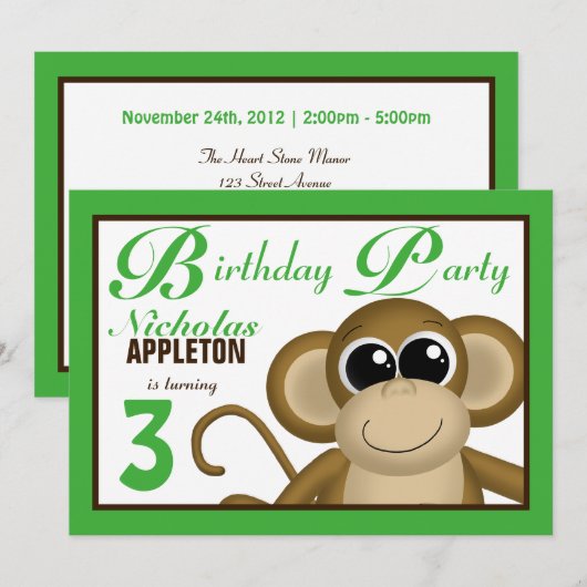 Cute Monkey Green Birthday Party Invitations Kaart (Voorkant / Achterkant)