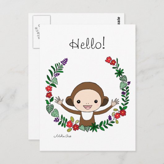 Cute Monkey Hallo Briefkaart Monkey met Flowers Ar (Voorkant / Achterkant)