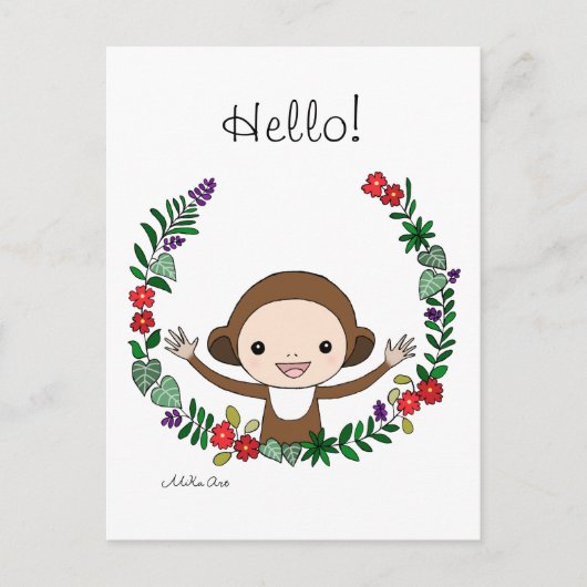 Cute Monkey Hallo Briefkaart Monkey met Flowers Ar (Voorkant)