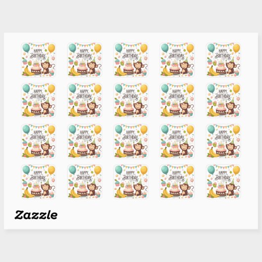 Cute Monkey Happy Birthday Party Vierkante Sticker (Vel)