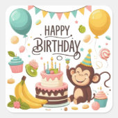 Cute Monkey Happy Birthday Party Vierkante Sticker (Voorkant)