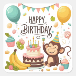 Cute Monkey Happy Birthday Party Vierkante Sticker