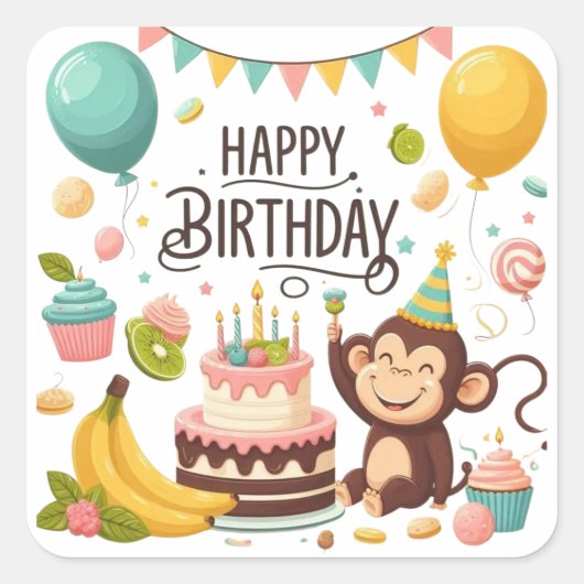 Cute Monkey Happy Birthday Party Vierkante Sticker (Voorkant)