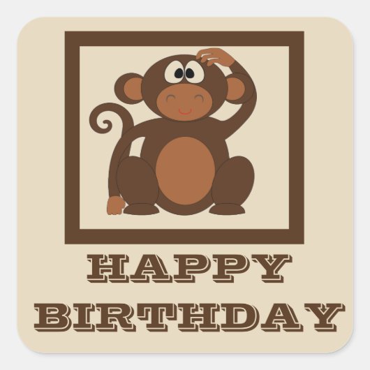 Cute Monkey Happy Birthday Vierkante Sticker (Voorkant)