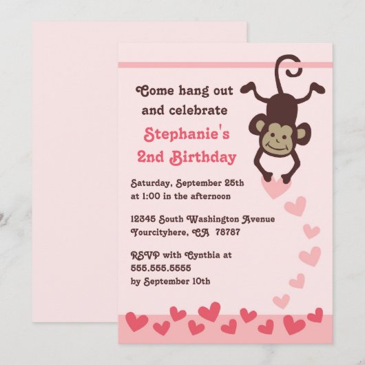 Cute monkey harten meisjes verjaardagsfeest kaart (Voorkant / Achterkant)