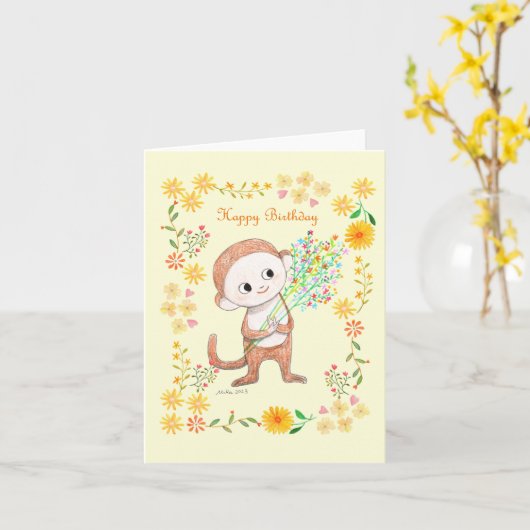 Cute Monkey met bloemen Schattig Happy Birthday Kaart (Gele Bloem)