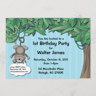 Cute Monkey Oerwoud Birthday Party Blue Invitation Kaart