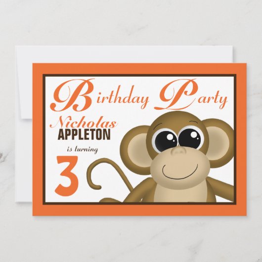 Cute Monkey Oranje Birthday Party Invitations Kaart (Voorkant)