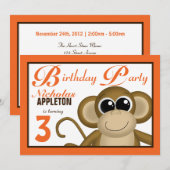 Cute Monkey Oranje Birthday Party Invitations Kaart (Voorkant / Achterkant)