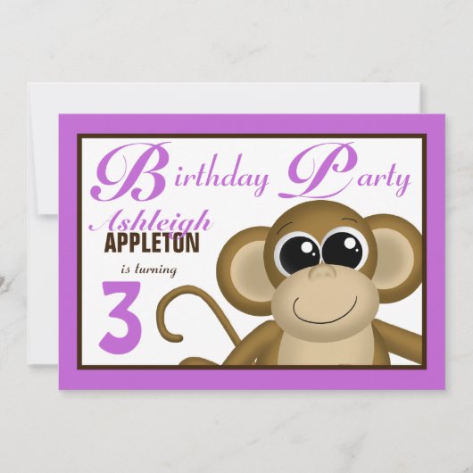 Cute Monkey Paars Birthday Party Invitations Kaart (Voorkant)