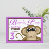 Cute Monkey Paars Birthday Party Invitations Kaart (Staand voorkant)