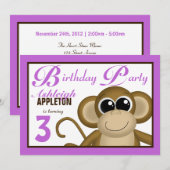 Cute Monkey Paars Birthday Party Invitations Kaart (Voorkant / Achterkant)
