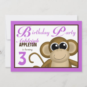 Cute Monkey Paars Birthday Party Invitations Kaart