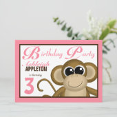 Cute Monkey Pink Birthday Party Invitations Kaart (Staand voorkant)