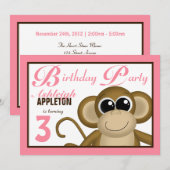 Cute Monkey Pink Birthday Party Invitations Kaart (Voorkant / Achterkant)