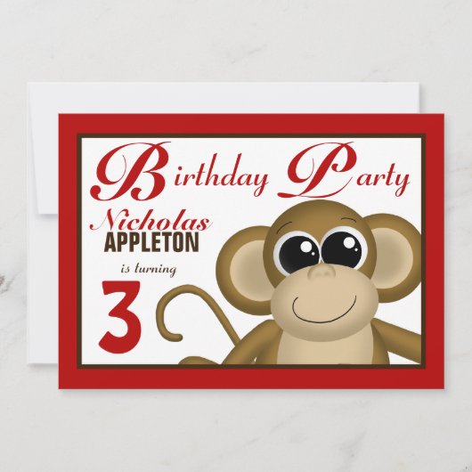 Cute Monkey Red Birthday Party Kaart (Voorkant)