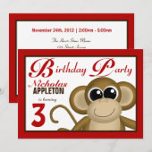 Cute Monkey Red Birthday Party Kaart (Voorkant / Achterkant)