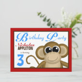 Cute Monkey Red & Blue Birthday Party Kaart (Staand voorkant)