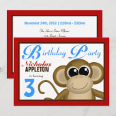 Cute Monkey Red & Blue Birthday Party Kaart (Voorkant / Achterkant)