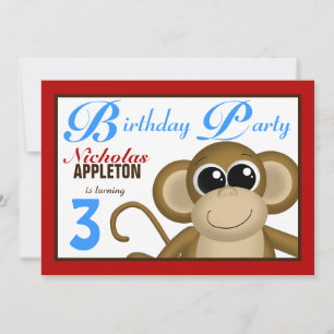 Cute Monkey Red & Blue Birthday Party Kaart